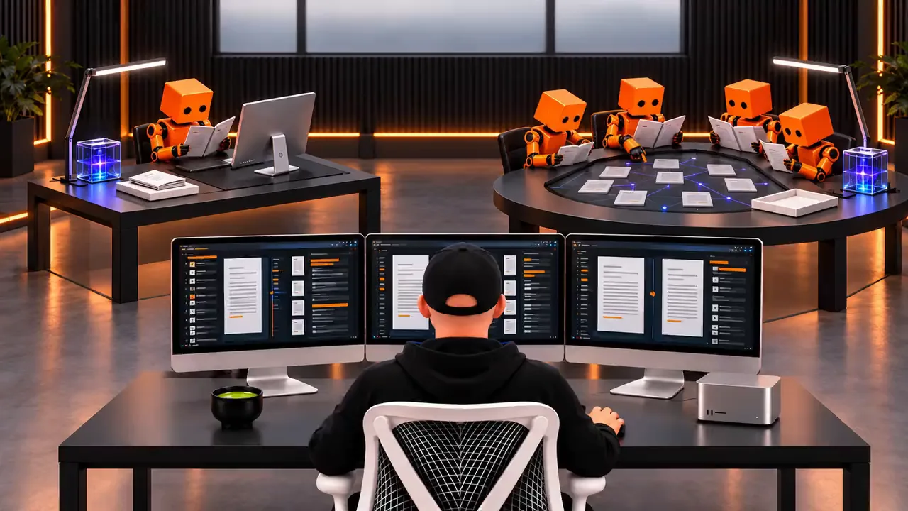 At left one orange boxy robot reads at a lone desk, and at right four read around a round table of papers joined by faint blue lines.