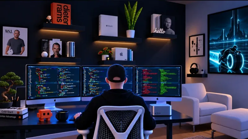 A person in a black cap and hoodie sits facing three dark monitors showing colorful code and red and green diff panels, in a moody navy home office lined with tech memorabilia, plants and a neon Tron poster.
