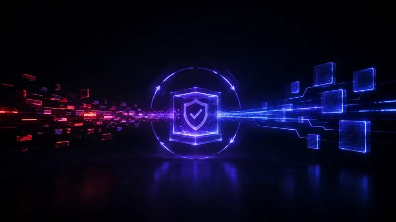 A glowing purple shield bearing a checkmark floats inside a ringed cube above a dark reflective floor, red fragments left, blue panels right.