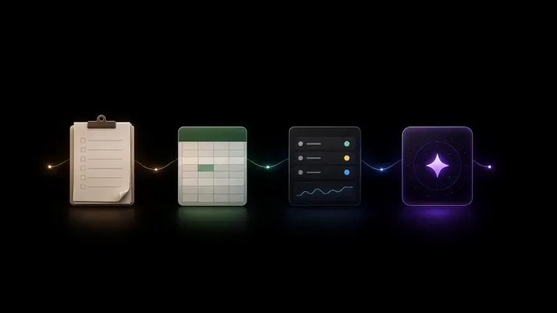 A clipboard checklist, a green spreadsheet, a dark list with a chart, and a purple sparkle icon connect in sequence.