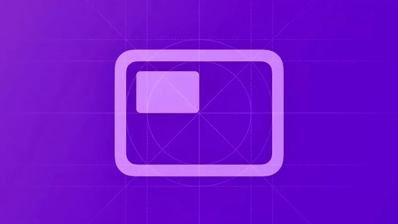 A pale lavender rounded-rectangle outline with a smaller filled rectangle in its upper left, over faint grid and construction lines on purple.