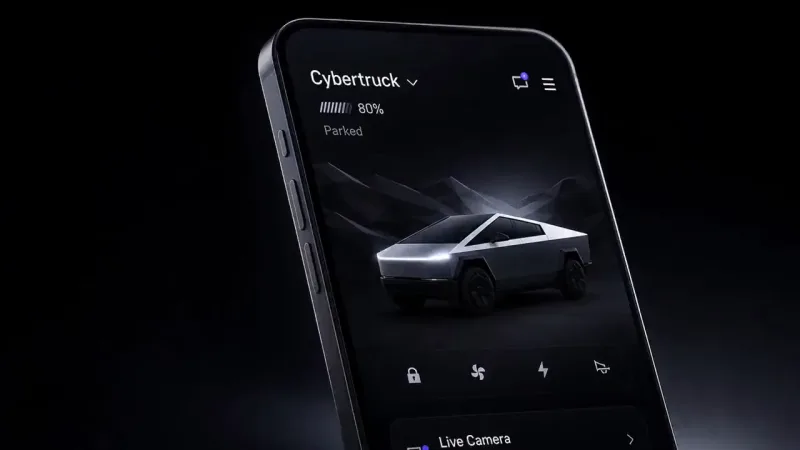 A tilted dark phone showing a vehicle app labeled Cybertruck at 80 percent and Parked, with an angular silver truck rendering and control icons.