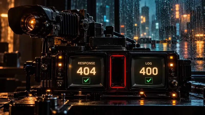 A rain-streaked window overlooks a neon city at night, with a black camera-like machine whose two screens read "RESPONSE 404" and "LOG 400", each with a green check mark.