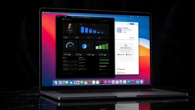 A laptop on a dark surface showing a dark Tax Dashboard window of charts and dollar totals, beside a white app listing window.
