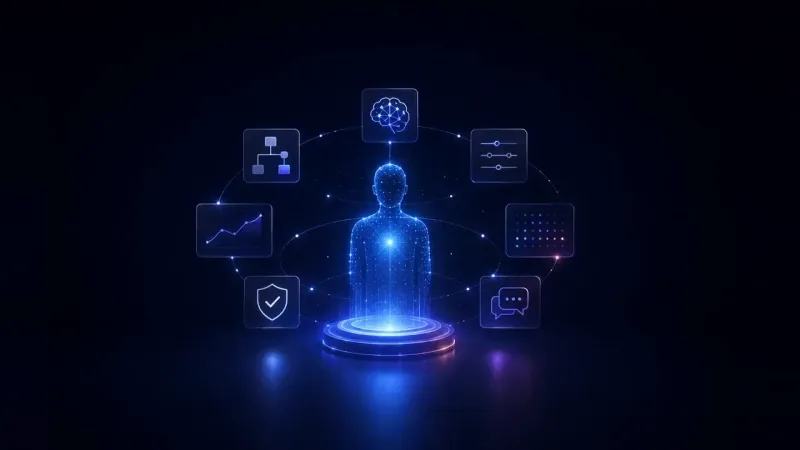A glowing blue figure made of particles stands on a lit circular platform, ringed by icon tiles for a brain, sliders, a rising line chart, a dot grid, a shield with a check, speech bubbles, and a flow chart.