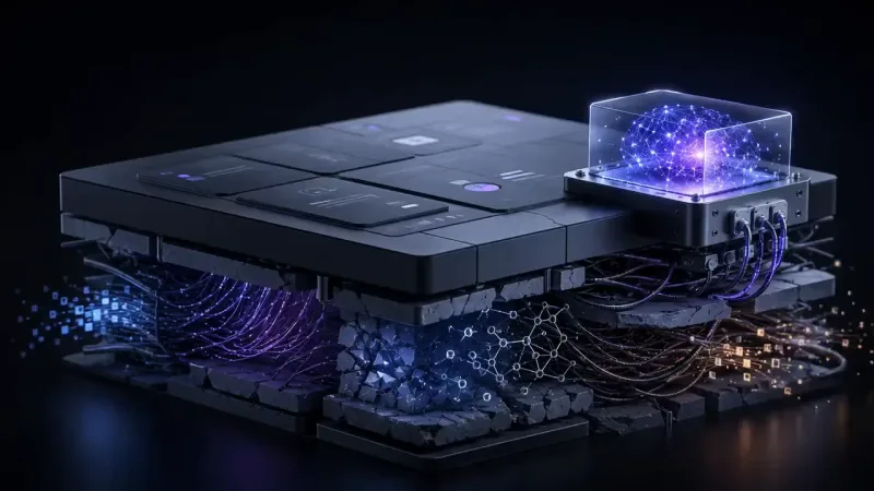A dark 3D render of a flat black dashboard slab resting on cracked stone, with a glowing blue brain in a glass case bolted to one corner and tangled lit cables underneath.
