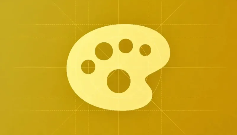 A pale yellow artist's palette with five round thumb holes, centred on a gold background crossed by faint dashed alignment guides and circles.