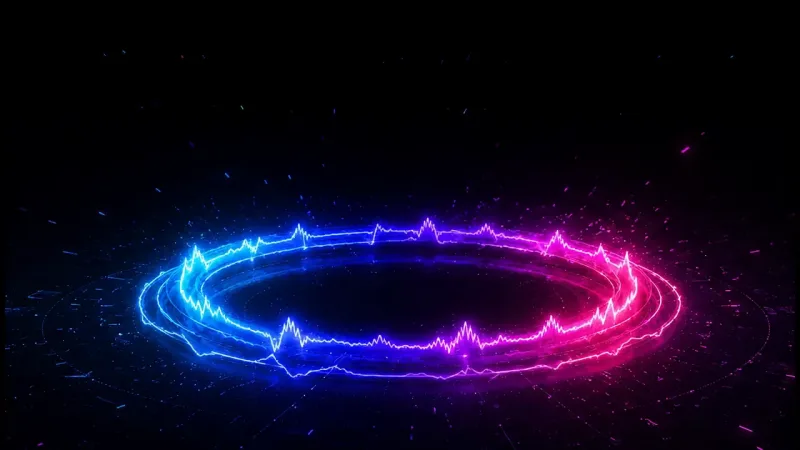A jagged audio waveform bent into a ring, lit blue through violet to magenta, hovering over a dark reflective grid.