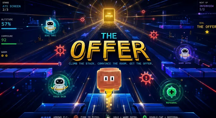 Play The Offer. You are one resume climbing out of the stack. Thread the ATS, answer the questions the interview panel fires at you, beat the hiring committee, then negotiate your number. Sign three offers to win the search.
