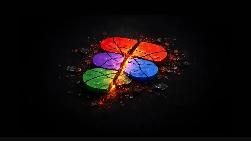 A four piece logo made of red, purple, green and blue stone slabs lies cracked on dark ground, split by a glowing molten orange fissure with embers and debris scattered around.