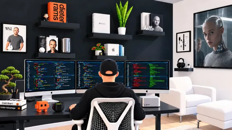 A person in a black cap and hoodie, seen from behind, at three code-filled monitors in a dark-walled office of shelved books and plants.