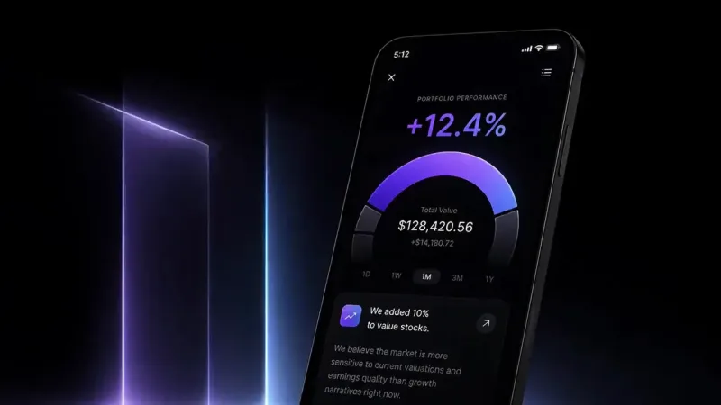 A tilted dark phone showing a portfolio screen with a violet arc gauge, plus 12.4 percent, a total value of $128,420.56 and a short note card.