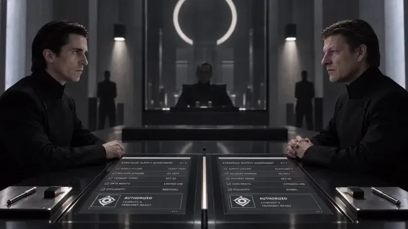 Two men in dark jackets sit at a table with glowing tablets showing a signed supply agreement contract on each side.