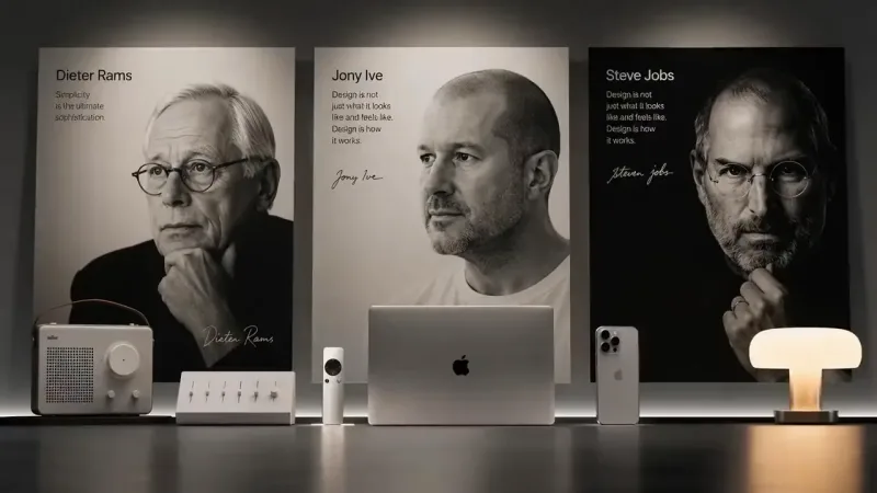 Three portrait posters labeled Dieter Rams, Jony Ive and Steve Jobs stand above a table holding a radio, a laptop, a phone and a lamp.