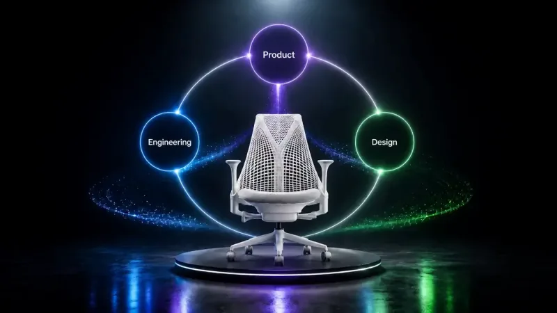 An empty white mesh office chair on a lit black platform, ringed by three glowing circles labeled "Engineering", "Product" and "Design" in blue, purple and green against a dark reflective floor.