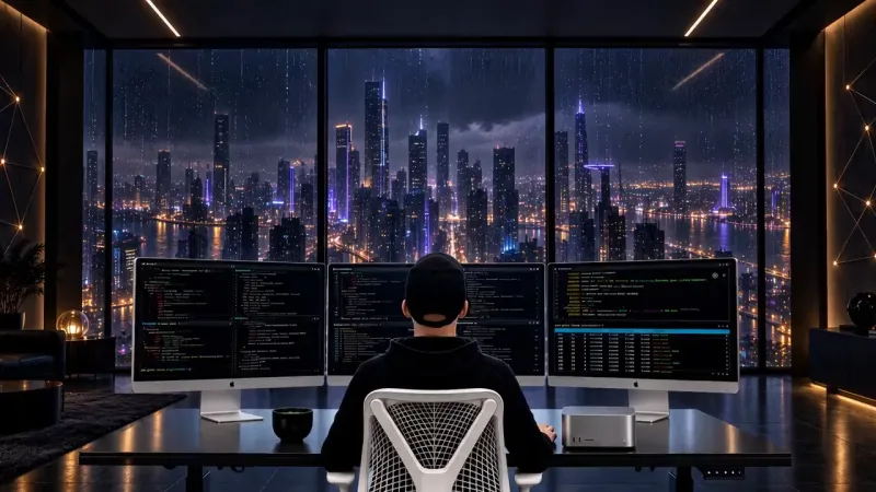A person in a black hoodie and cap sits before three monitors of code, facing a rain-streaked window over a lit city at night.