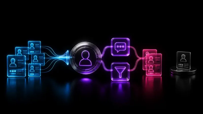 A funnel of blue resume cards narrows into a chrome ring holding a purple silhouette, then past a chat bubble and filter icon to a dark card on a pedestal