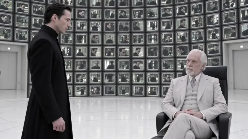 A man in a long black coat faces a seated white-haired man in a pale suit, in a white room walled with small screens.