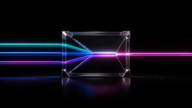 A glass block on a black surface refracts teal, blue and purple beams entering left, exiting pink on the right.