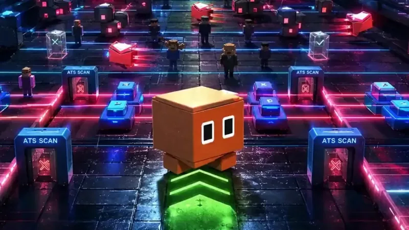 A blocky orange cube character stands on a neon grid floor between blue archways labeled "ATS SCAN" marked with red X symbols, green arrows lighting its path, tiny voxel figures behind.