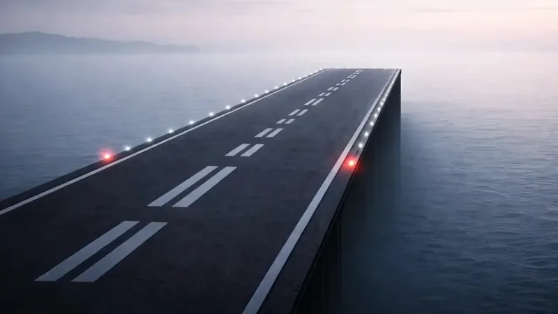 A dark asphalt runway with white edge lights and two red lights stretches across calm grey water and stops abruptly in open sea, with misty mountains on the horizon.