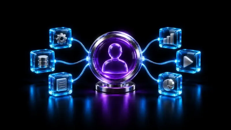 A glowing purple circular emblem holding a humanoid silhouette connects by lines to six glass icons representing data and charts.