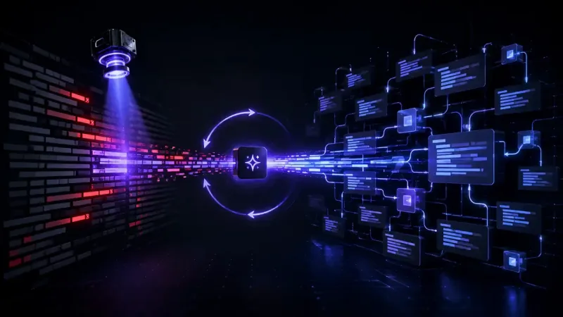 A dark 3D scene where a spotlight scans a wall of red flagged code, and circular arrows convert it into glowing blue panels.