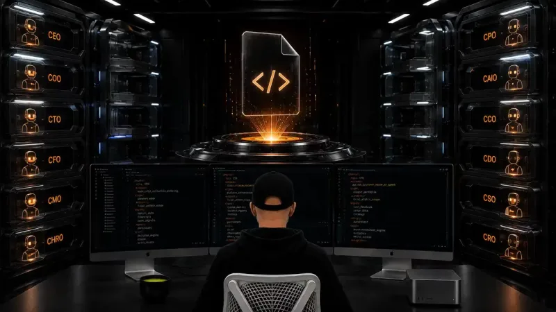 A hooded figure faces three monitors of config text below a glowing code document, between server racks labeled CEO, CFO, CTO.